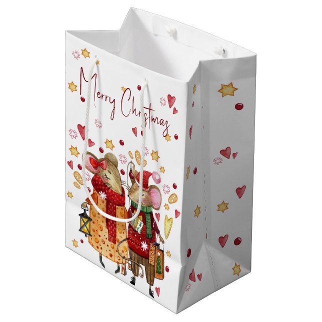 Weihnachtsmäuse Paar mit Lattern Mittlere Geschenktüte (Vorderseite Schrägansicht)