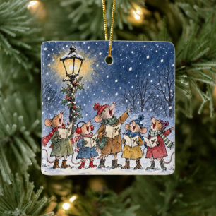 Weihnachtsmäuse singen Weihnachtslieder in Schneef Keramikornament
