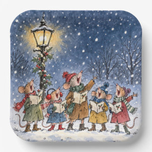Weihnachtsmäuse singen Weihnachtslieder in Schneef Pappteller