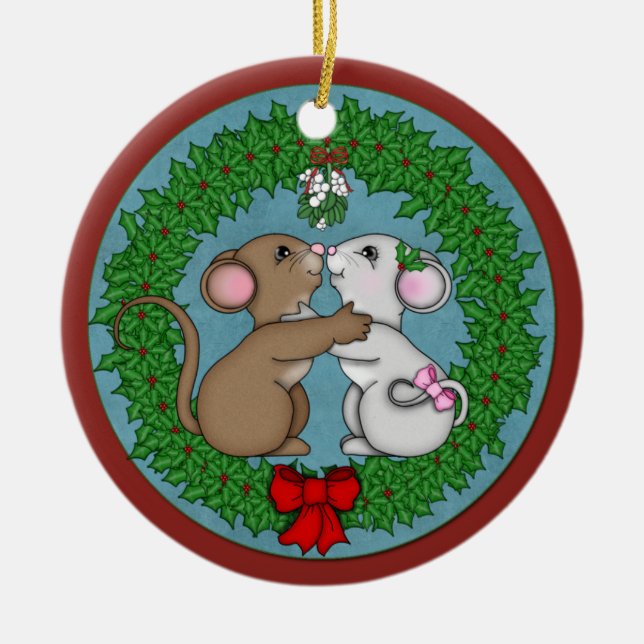 Weihnachtsmäuse unter Mistelzweig Keramikornament (Vorne)