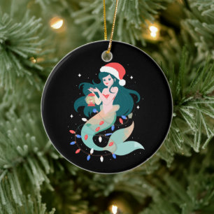 Weihnachtsmeerjungfrau Santa Hut Laternenlichter X Keramik Ornament