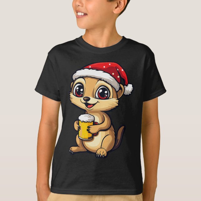 Weihnachtsmeerkat mit Bier-Comic T-Shirt (Vorderseite)