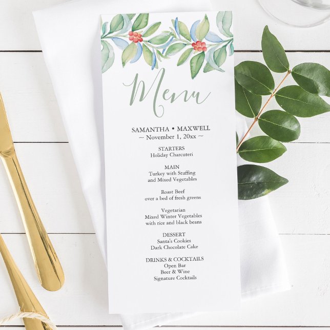 Weihnachtsmenüs in Wasserfarbe Menükarte (Watercolor Christmas Wedding Menus)