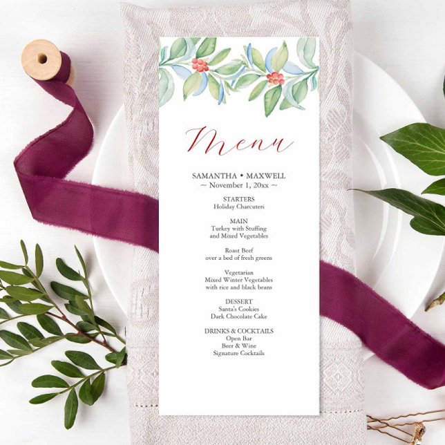 Weihnachtsmenüs Wasserfarbengrün Menükarte (Christmas wedding menu features unique watercolor art by Victoria Grigaliunas.)