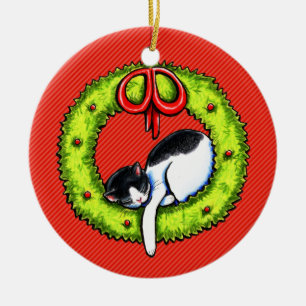 WeihnachtsMiezekatze-Katzen-Kranz Keramik Ornament