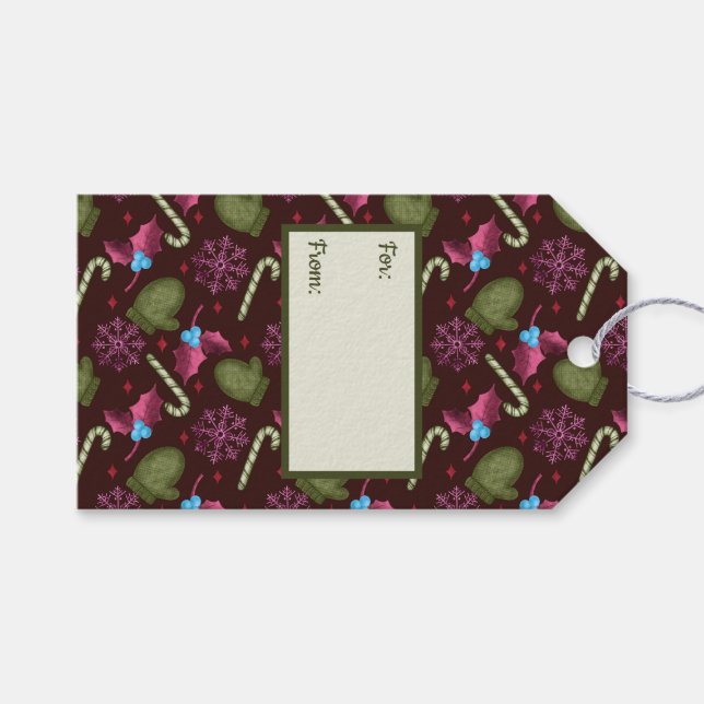 Weihnachtsmilben, Schneeflocken, Pfefferminzsticks Geschenkanhänger (Vorderseite (Horizontal))