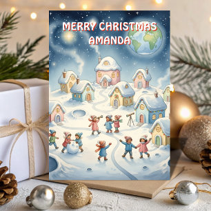 Weihnachtsmond Dorf Kinderkarte Feiertagskarte