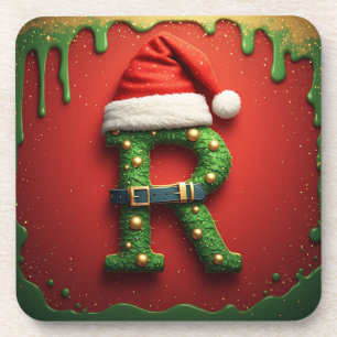 Weihnachtsmonogramm R mit Santa-Hut – Geschenk für Getränkeuntersetzer