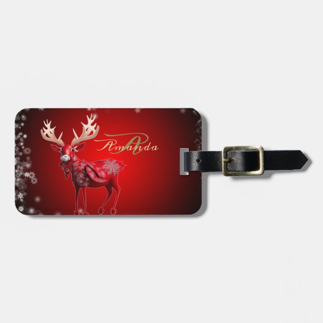 Weihnachtsmonogramm Roter Rentier Winterfeiertage Gepäckanhänger (Vorderseite horizontal)