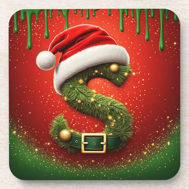 Weihnachtsmonogramm S mit Santa-Hut als festliches Getränkeuntersetzer (Vorderseite)