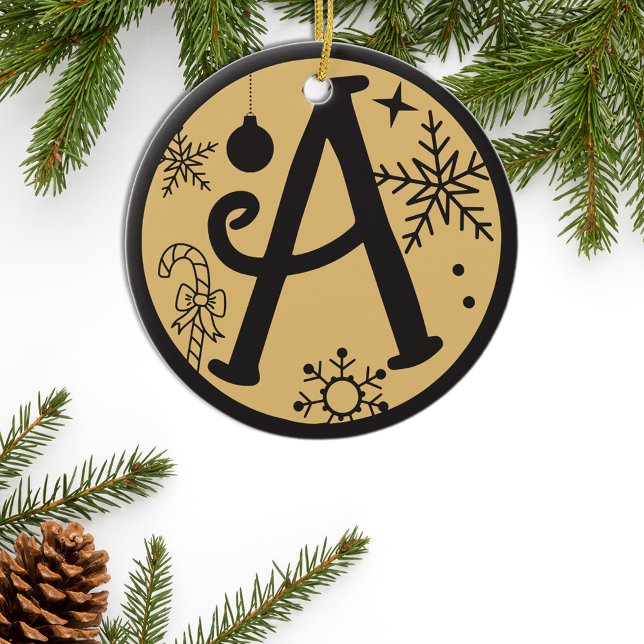Weihnachtsmonogramm - Schwarzes Gold Keramik Ornament (Von Creator hochgeladen)