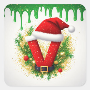 Weihnachtsmonogramm V für Feiertagsnamen Quadratischer Aufkleber