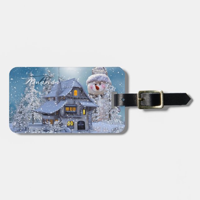 Weihnachtsmonogramm Winterweiß Schneemann Blau Gepäckanhänger (Vorderseite horizontal)