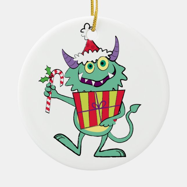 Weihnachtsmonster mit Geschenk Keramikornament (Vorne)