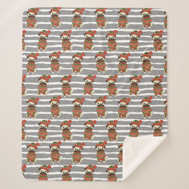 WeihnachtsMops-Porträt-Muster Sherpadecke (Vorderseite)