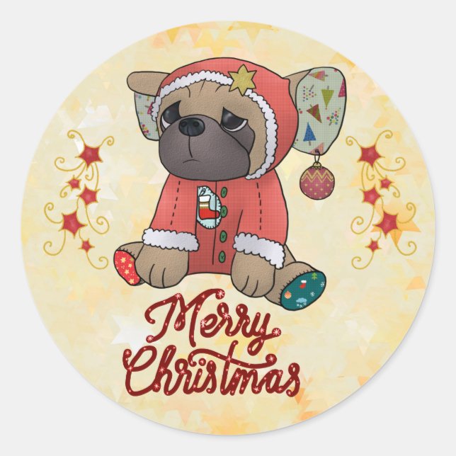 Weihnachtsmops Runder Aufkleber (Vorderseite)
