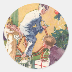 Weihnachtsmorgen im Vintage-Stil, Kinder mit Gesch Runder Aufkleber