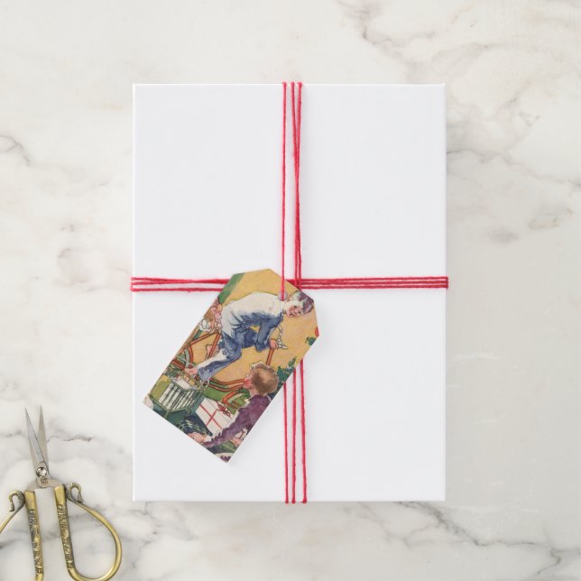 Weihnachtsmorgen, Kinder mit Geschenken Geschenkanhänger (Mit Garn)