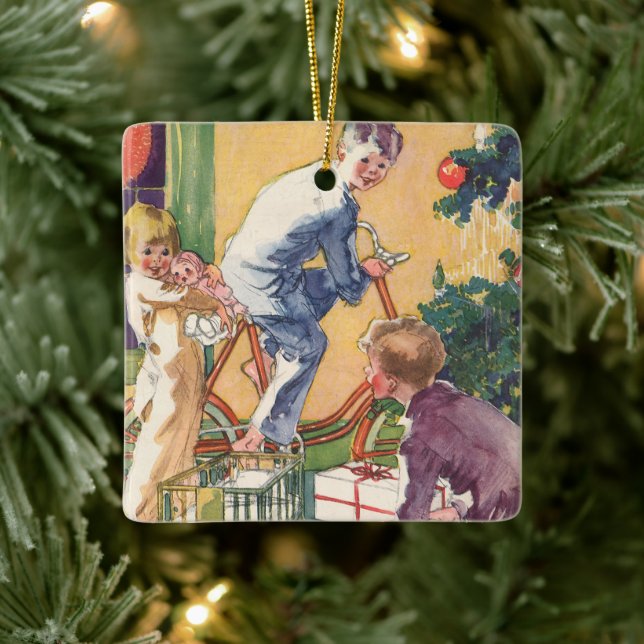 Weihnachtsmorgen, Kinder mit Geschenken Keramikornament (Baum)