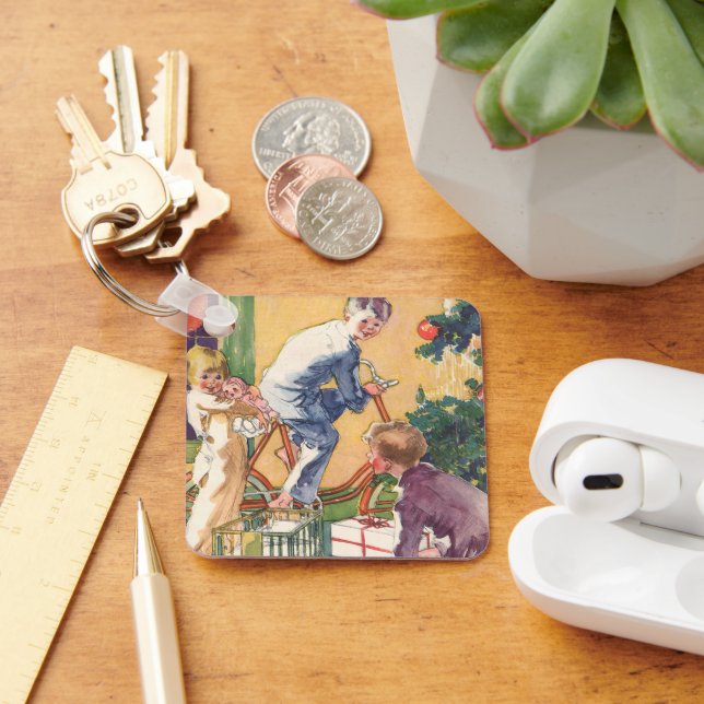 Weihnachtsmorgen, Kinder mit Geschenken Schlüsselanhänger (Schreibtisch)