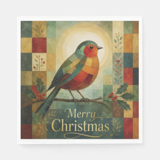 Weihnachtsmosaik Rotkehlchen Vogel Stechpalmenbeer Serviette