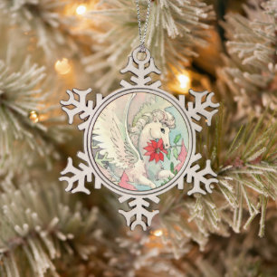 Weihnachtsmotiv mit geflügeltem weißen Pferd Schneeflocken Zinn-Ornament