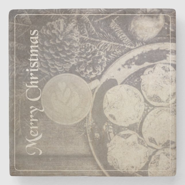 Weihnachtsmotiv mit Keksen und Kaffee Steinuntersetzer (Vorderseite)