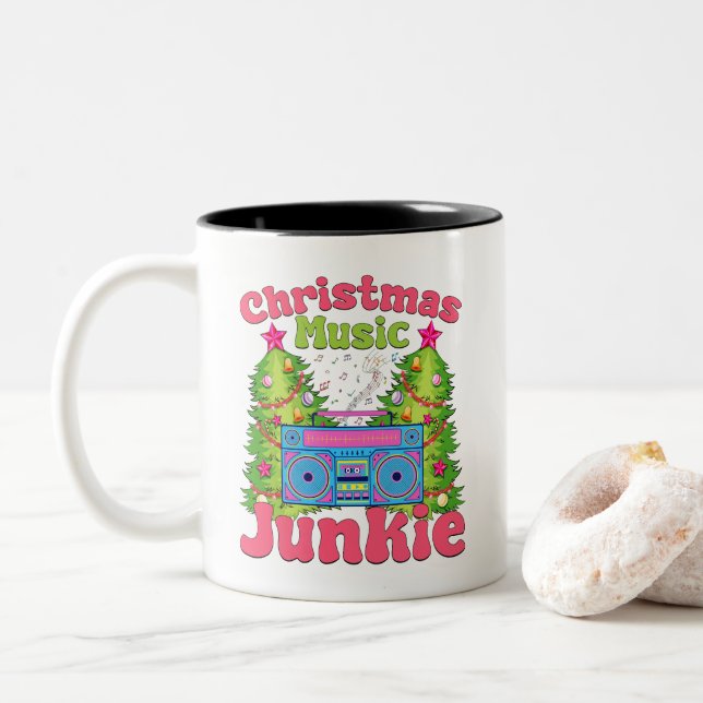 Weihnachtsmusik Junkie 80er Retro Cassette Player Zweifarbige Tasse (Mit Donut)