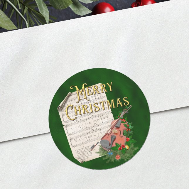 Weihnachtsmusik Vintage Violin Green Runder Aufkleber (Von Creator hochgeladen)