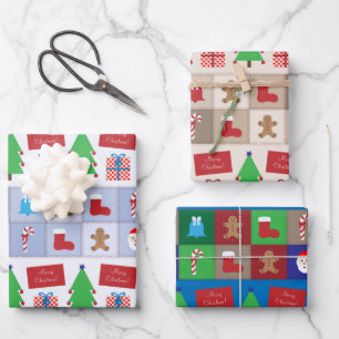 Weihnachtsmuster Blau Beige und farbig Geschenkpapier Set