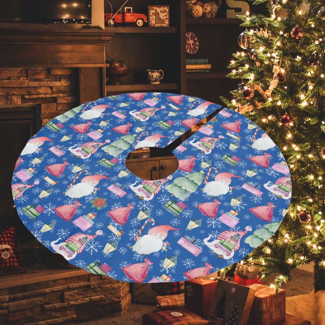 Weihnachtsmuster Blue Santa Gnome für Ferien Polyester Weihnachtsbaumdecke (Christmas Pattern Blue Santa Gnome for Holidays Brushed Polyester Tree Skirt)