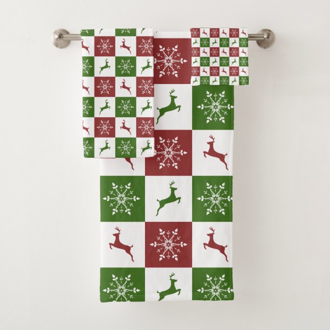Weihnachtsmuster für Rote und Grüne Rentiere Badhandtuch Set (Insitu)