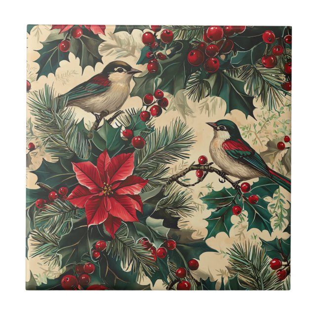Weihnachtsmuster für Rustikale Vögel und Poinsetti Fliese (Vorderseite)