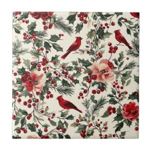 Weihnachtsmuster für Rustikale Vögel und Poinsetti Fliese