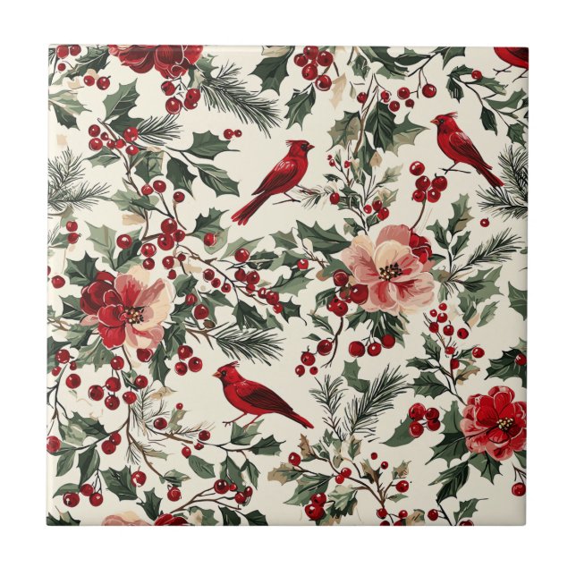 Weihnachtsmuster für Rustikale Vögel und Poinsetti Fliese (Vorderseite)