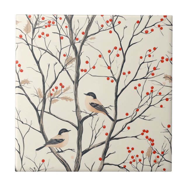 Weihnachtsmuster für Rustikale Vögel und Poinsetti Fliese (Vorderseite)
