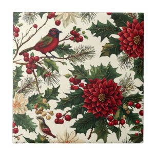 Weihnachtsmuster für Rustikale Vögel und Poinsetti Fliese