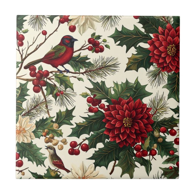 Weihnachtsmuster für Rustikale Vögel und Poinsetti Fliese (Vorderseite)