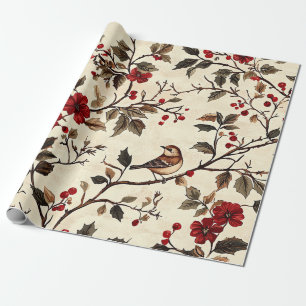 Weihnachtsmuster für Rustikale Vögel und Poinsetti Geschenkpapier