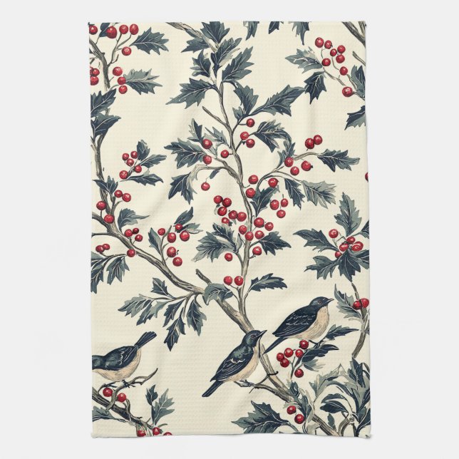Weihnachtsmuster für Rustikale Vögel und Poinsetti Geschirrtuch (Vertikal)