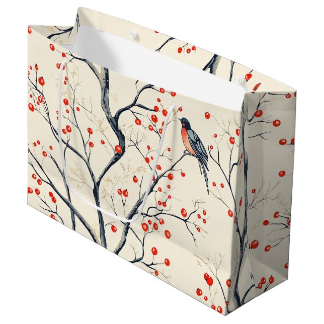 Weihnachtsmuster für Rustikale Vögel und Poinsetti Große Geschenktüte (Vorderseite Schrägansicht)