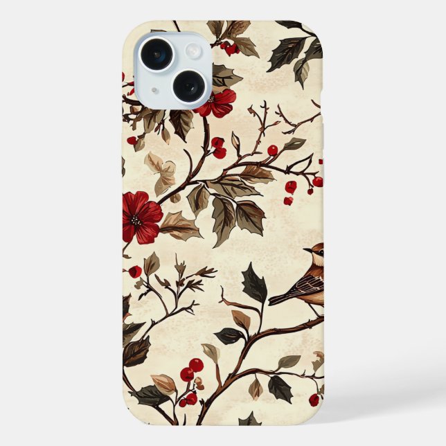 Weihnachtsmuster für Rustikale Vögel und Poinsetti iPhone Hülle (Rückseite)
