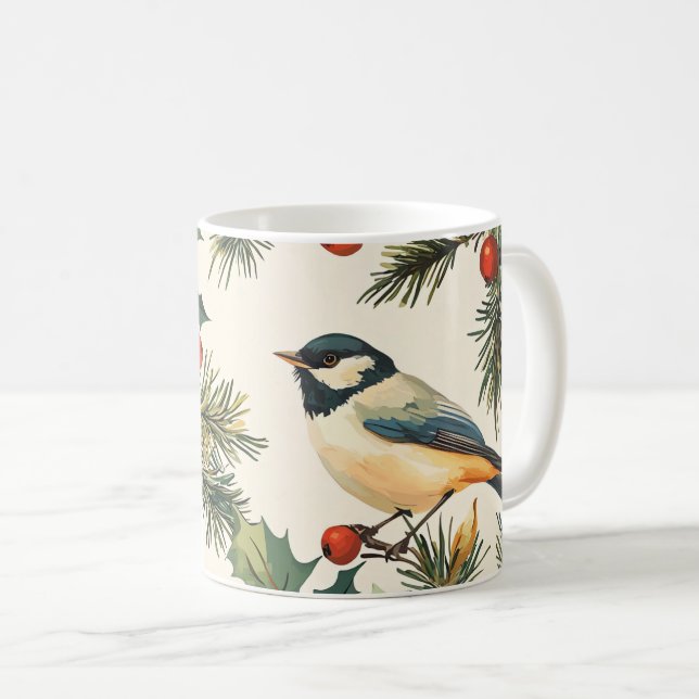 Weihnachtsmuster für Rustikale Vögel und Poinsetti Kaffeetasse (VorderseiteRechts)