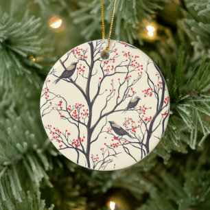 Weihnachtsmuster für Rustikale Vögel und Poinsetti Keramik Ornament