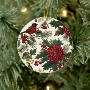 Weihnachtsmuster für Rustikale Vögel und Poinsetti Keramik Ornament