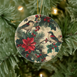 Weihnachtsmuster für Rustikale Vögel und Poinsetti Keramik Ornament