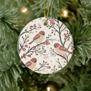 Weihnachtsmuster für Rustikale Vögel und Poinsetti Keramik Ornament