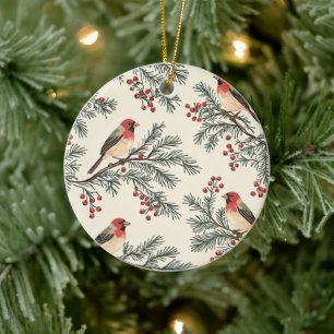 Weihnachtsmuster für Rustikale Vögel und Poinsetti Keramik Ornament