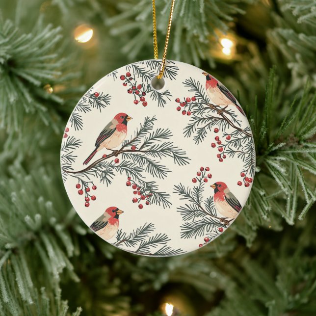 Weihnachtsmuster für Rustikale Vögel und Poinsetti Keramik Ornament (Baum)