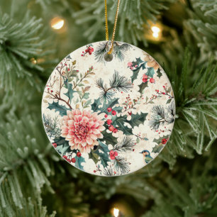 Weihnachtsmuster für Rustikale Vögel und Poinsetti Keramik Ornament